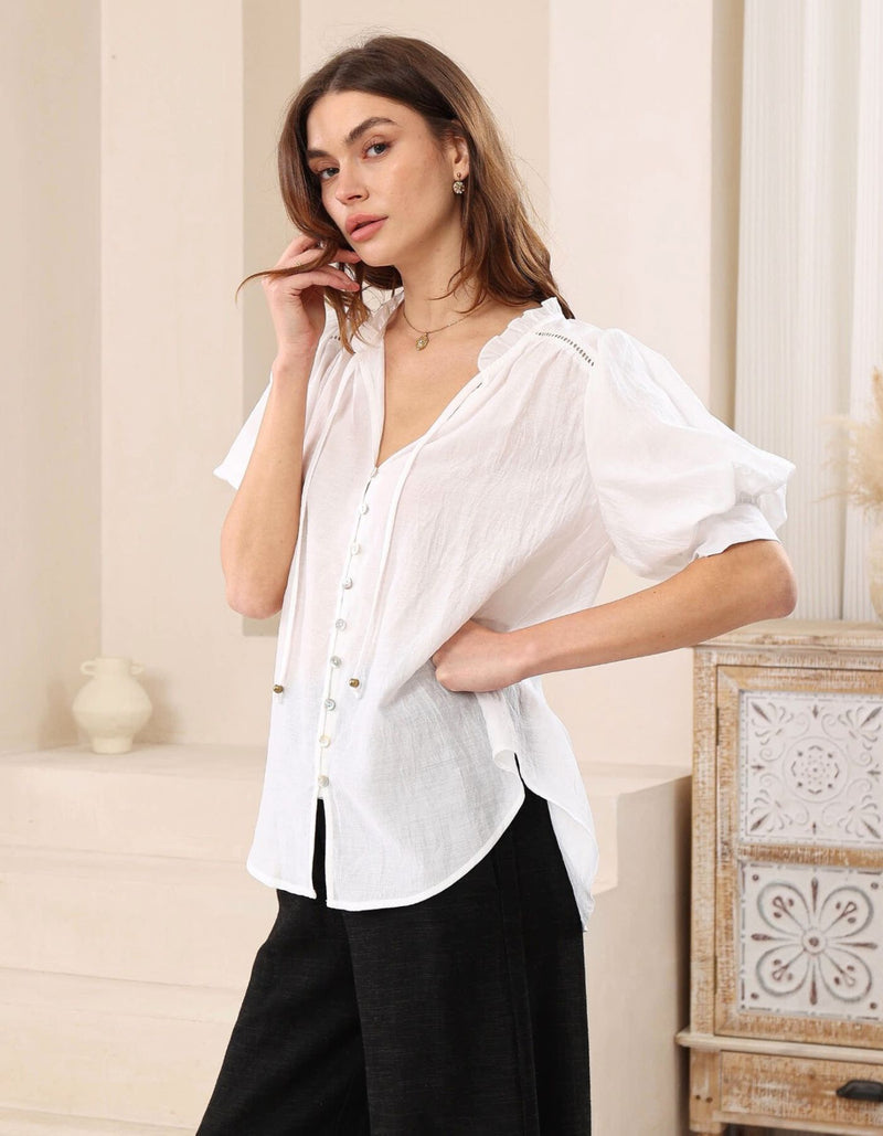 Paris Bulb Sleeve Button Down Top in White