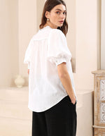 Paris Bulb Sleeve Button Down Top in White