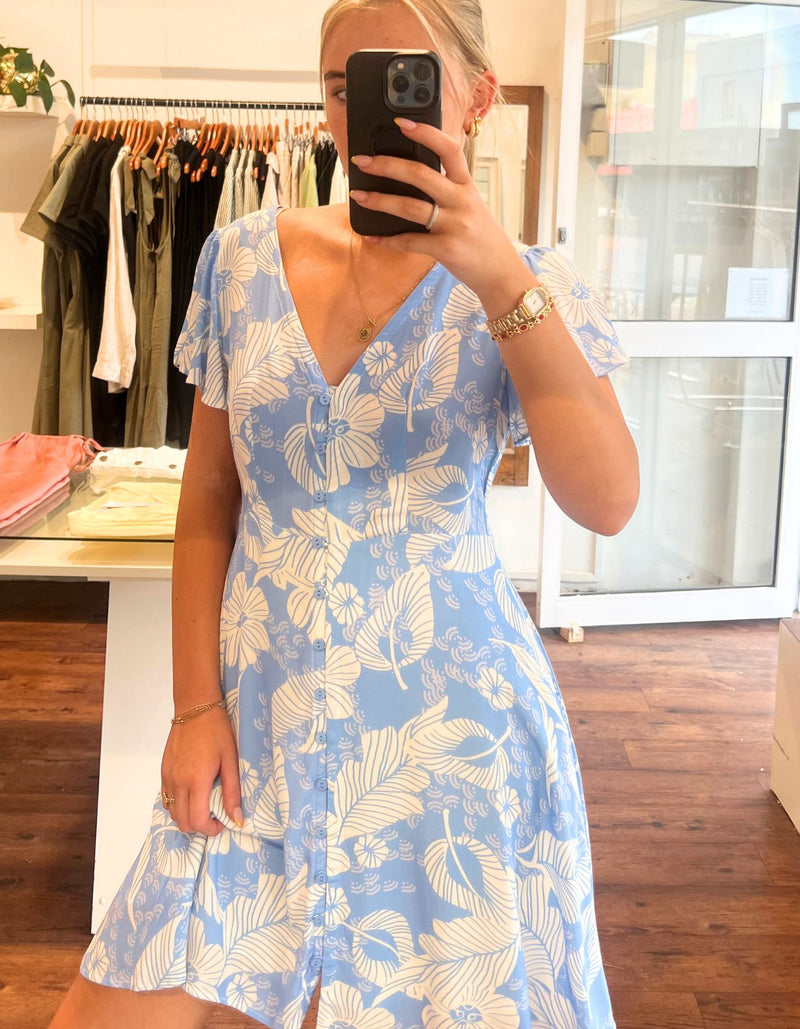 Sonya V Neck Short Dress in Blue/White Print