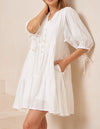 Presley Button Front V Neck Dress in White