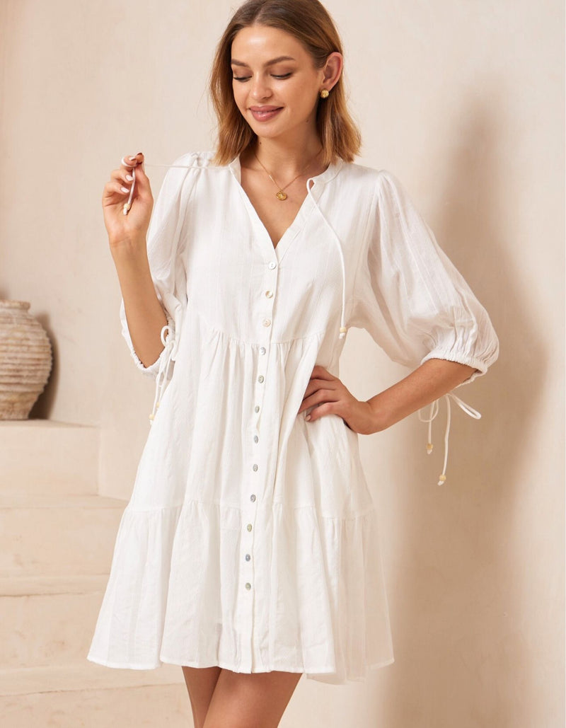 Presley Button Front V Neck Dress in White