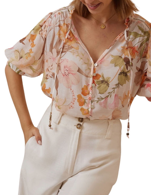 Meadow Short Sleeve Button Front Blouse in White Floral