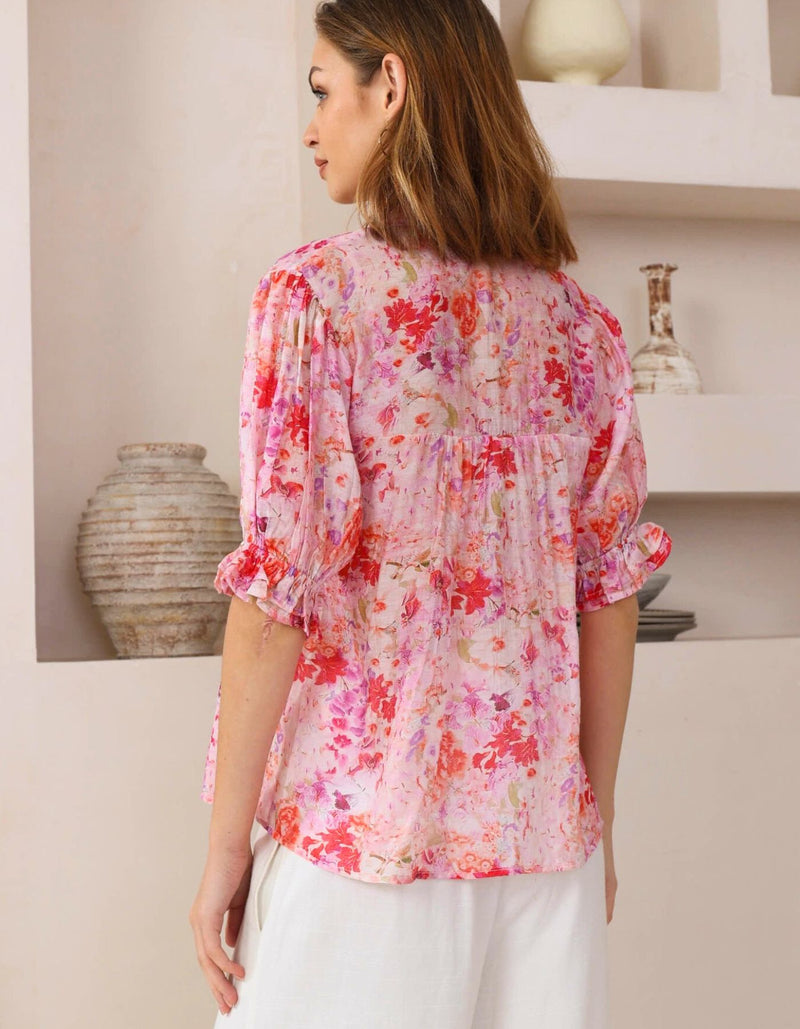 Orlyn Short Sleeve Button Front Blouse in Pink Floral