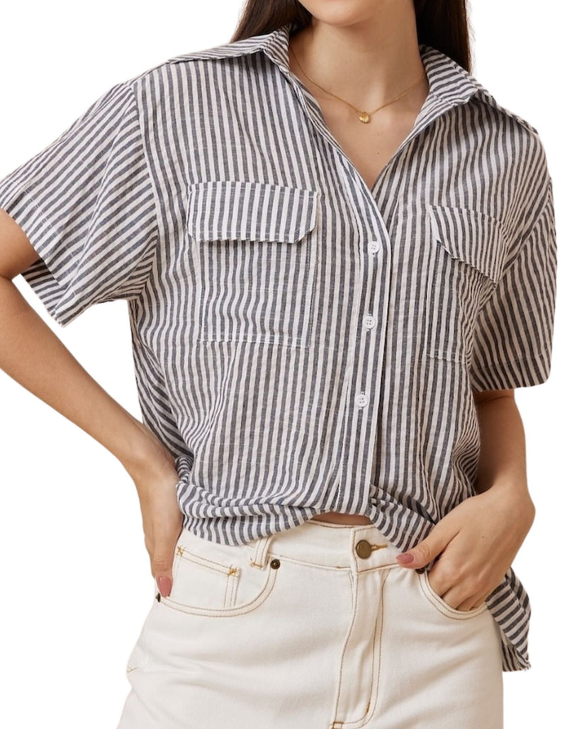 Melia Scoop Front Short Sleeve Shirt in Grey Stripe