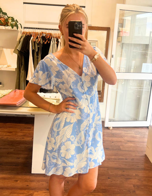 Sonya V Neck Short Dress in Blue/White Print