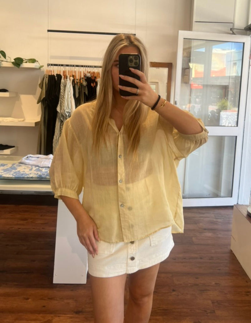 River Button Down Collarless Sheer Linen Shirt in Lemon