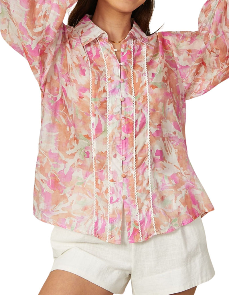 Arlena Long Sleeve Button Front Blouse in PInk Floral