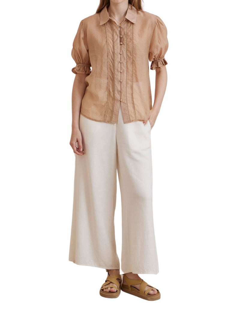 Orlyn Short Sleeve Button Front Blouse in Caramel