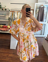 Sarah Button Front V Neck Dress in Yellow/PinkFloral