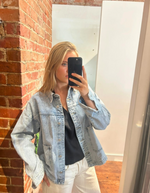 Kat Curved Hem Denim Jacket in Blue Wash