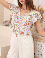 Jojo Flutter Sleeve V Neck Top in Multi Floral