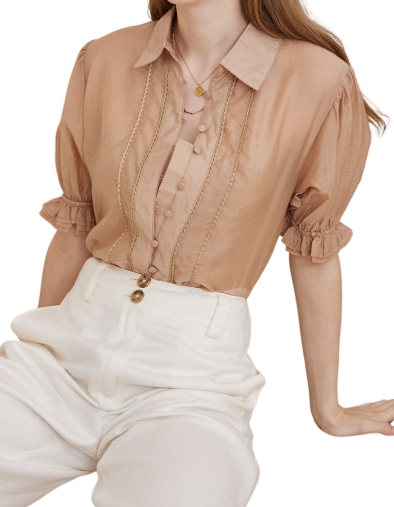 Orlyn Short Sleeve Button Front Blouse in Caramel