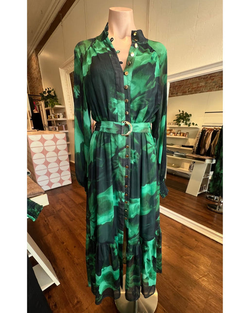 Jeena Gold Button Down Midaxi Dress in Emerald Print