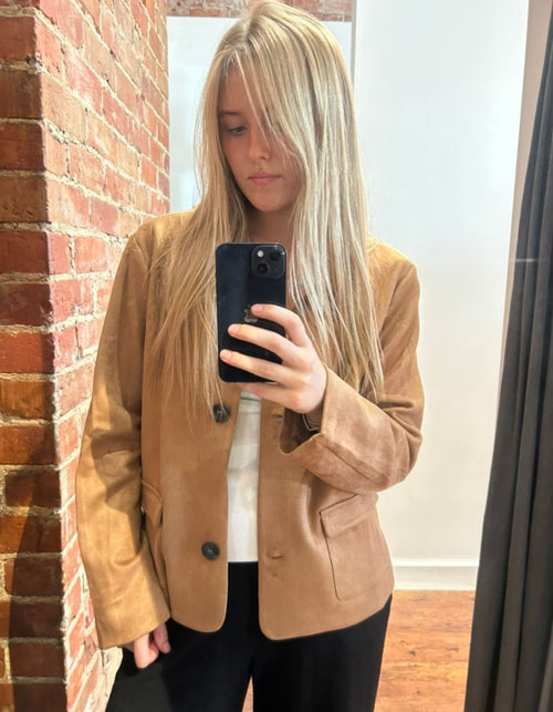 Reese Relaxed Button Up Suede Jacket in Camel