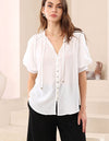 Paris Bulb Sleeve Button Down Top in White