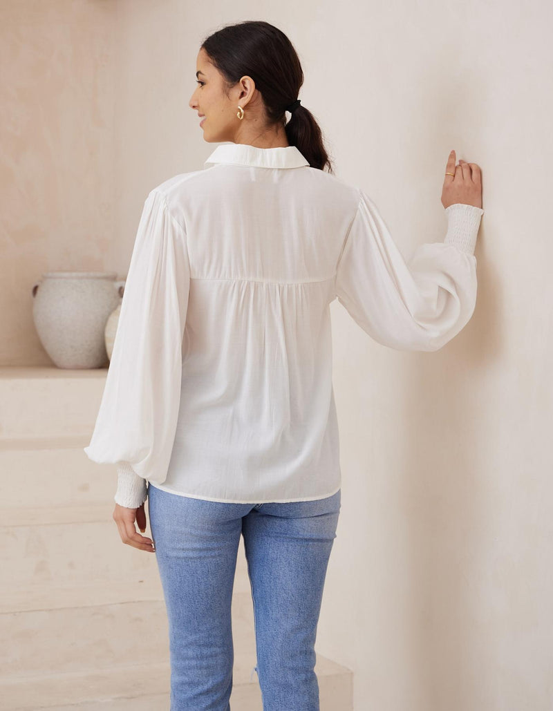 Arlena Long Sleeve Button Front Blouse in White