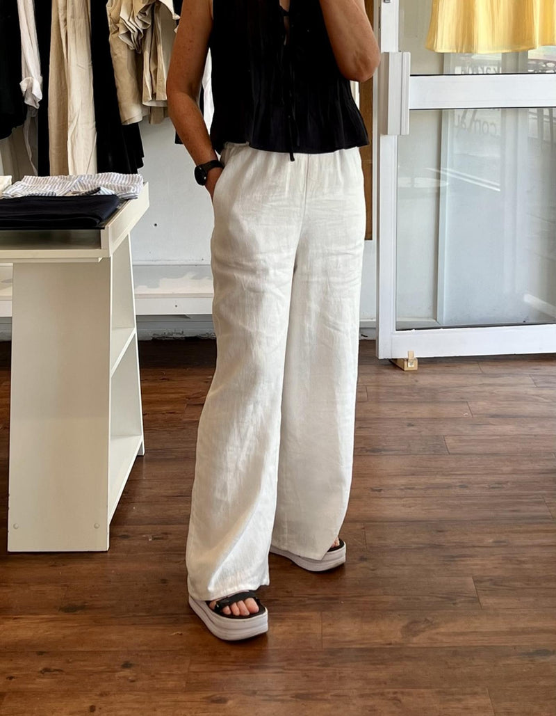 Haven Drawstring Waist Pants in White Linen