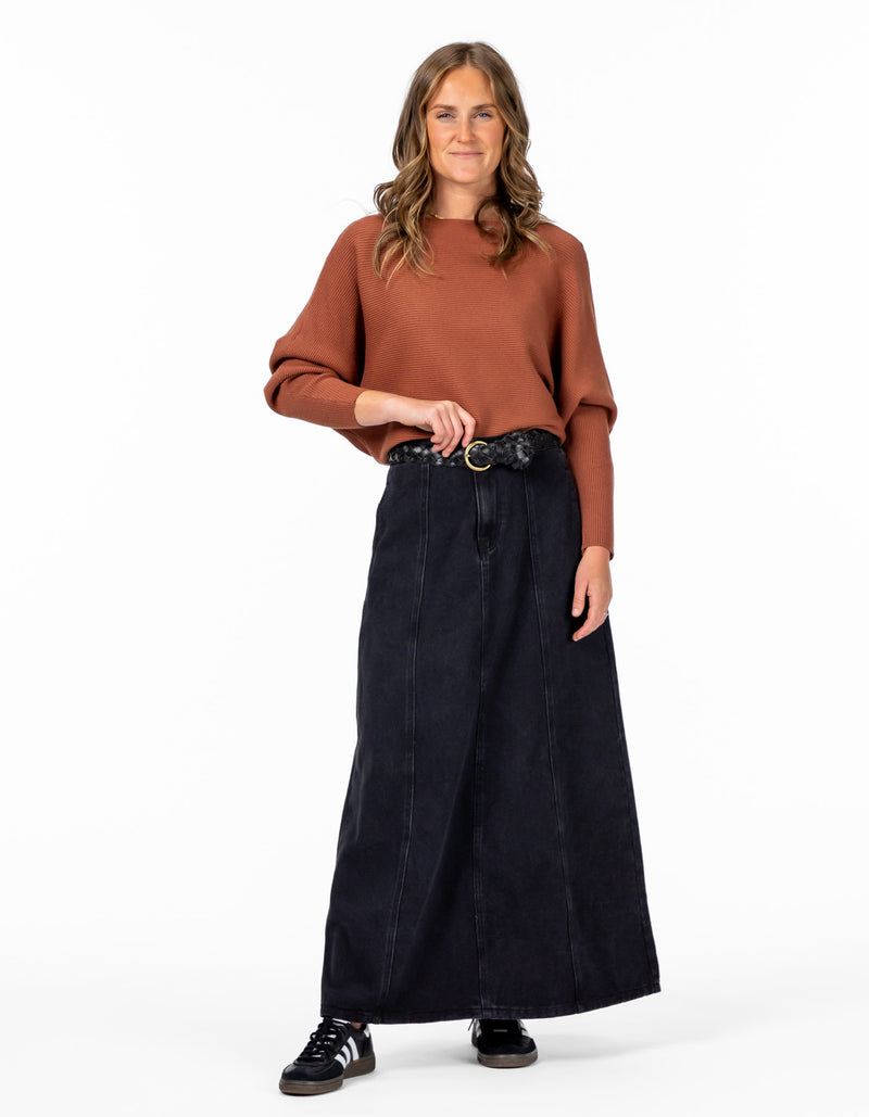 Caine A Line Midaxi Denim Skirt in Black