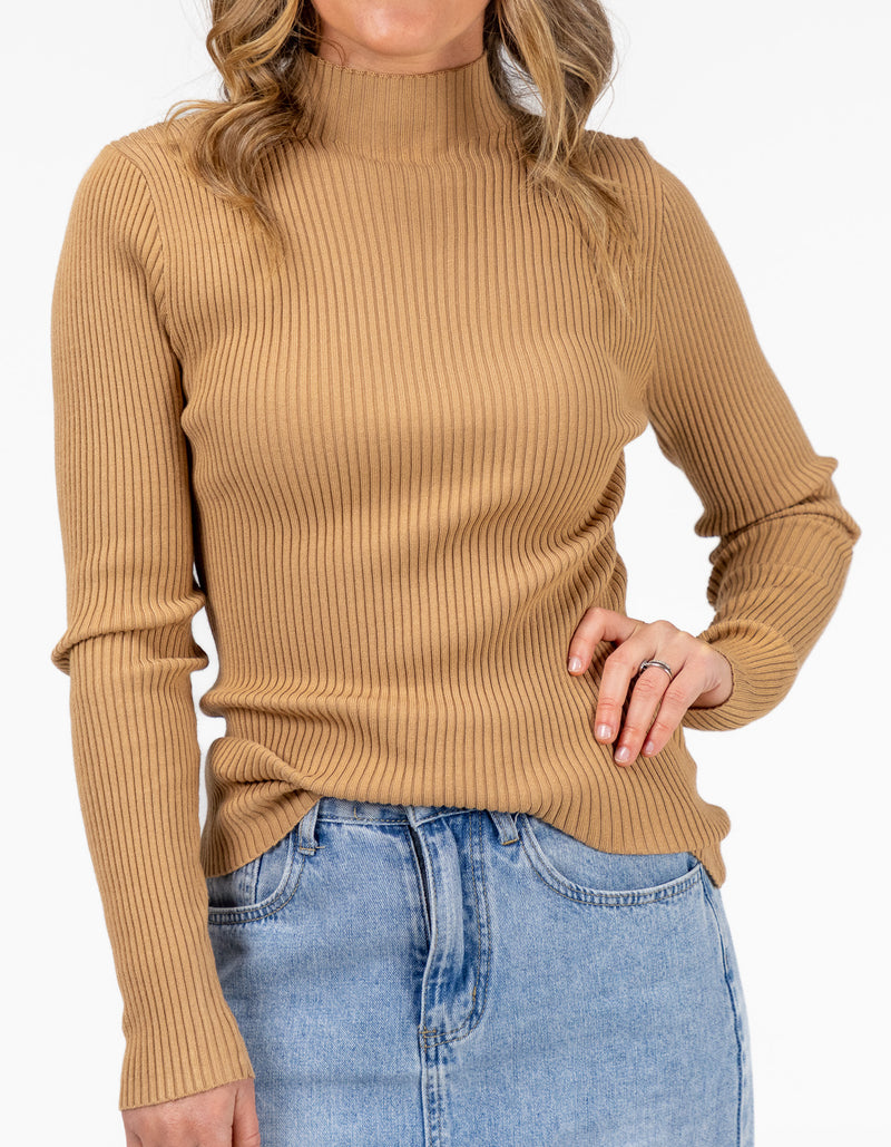 Jesse Fitted Rib Knit Jumper in Camel