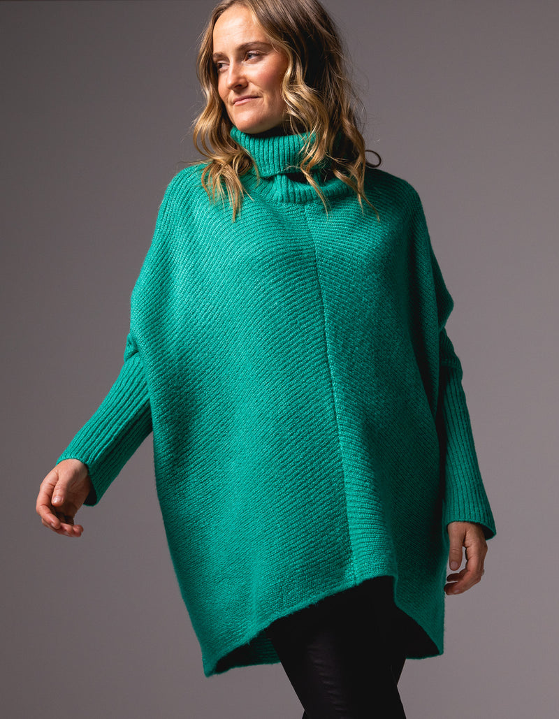 Parker Roll Neck Rib Knit Jumper in Green