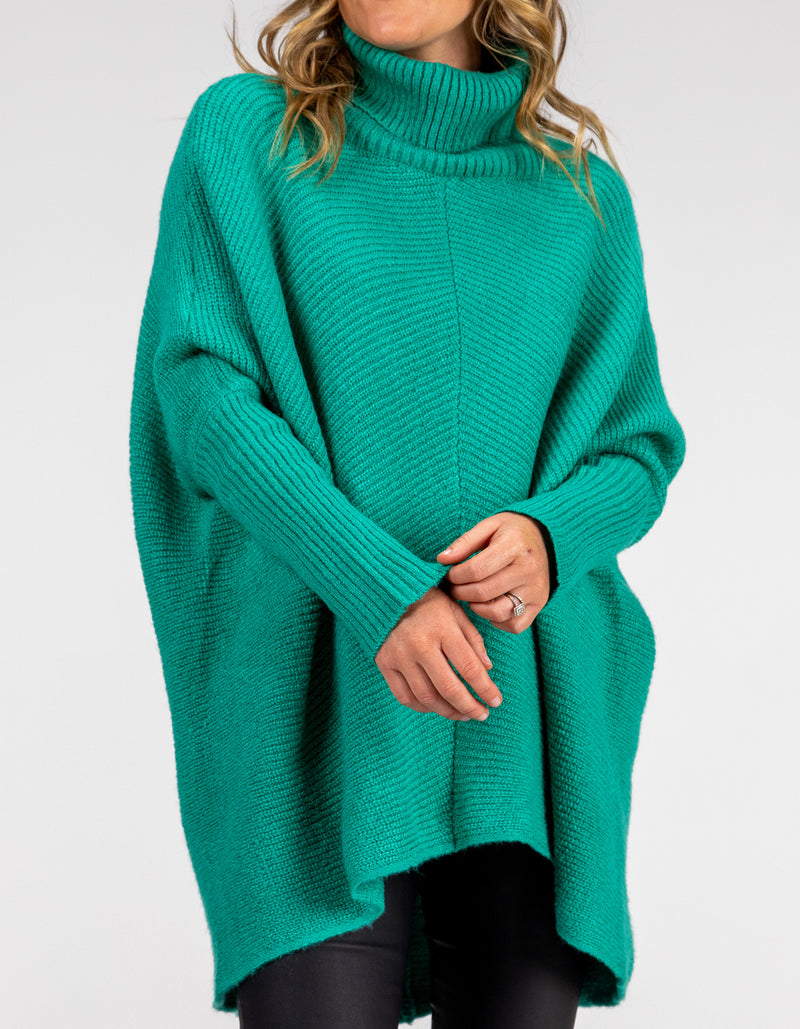 Parker Roll Neck Rib Knit Jumper in Green