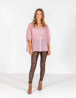 River Button Down Collarless Sheer Linen Shirt in Blush