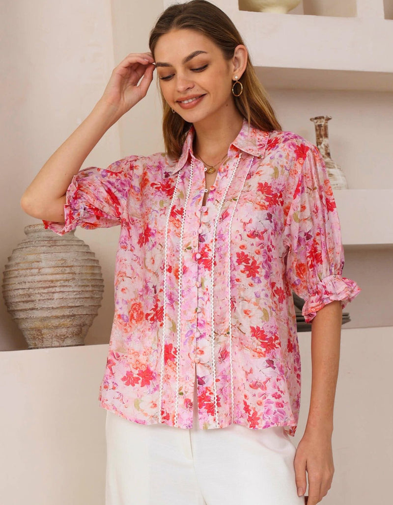 Orlyn Short Sleeve Button Front Blouse in Pink Floral